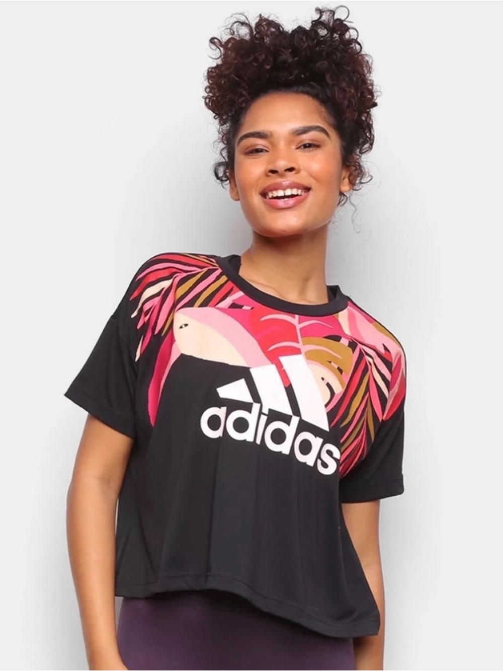 Adidas X Farm Rio Black Crop Tee with Pink & Coral Tropical Graphic
